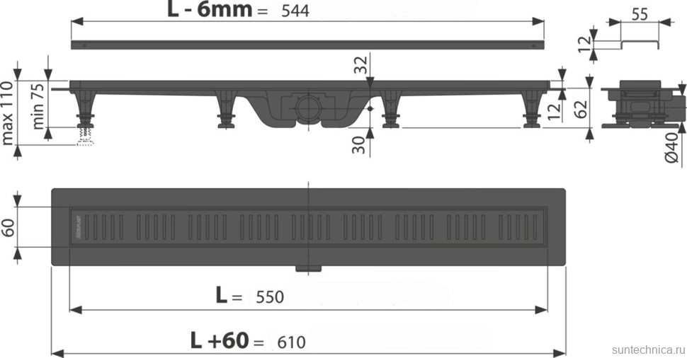 Душевой трап (лоток) AlcaPlast APZ10Black AG101101550 с решеткой и опорами (AG101101550)