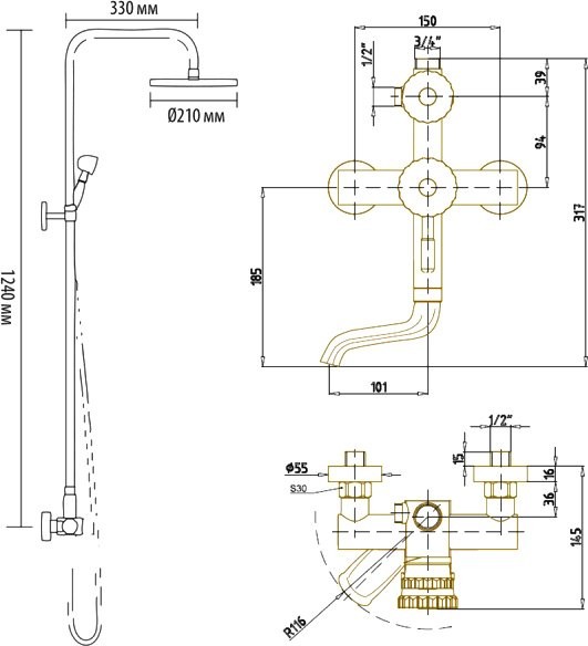 Душевая стойка Bronze de Luxe Windsor 10120PF/1 бронза