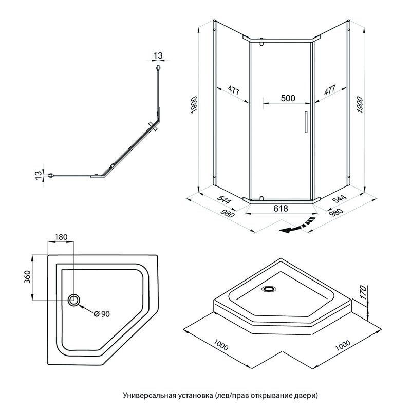 Душевой уголок Triton Дека -Графит 100x100, профиль вороненая сталь, стекло прозрачное