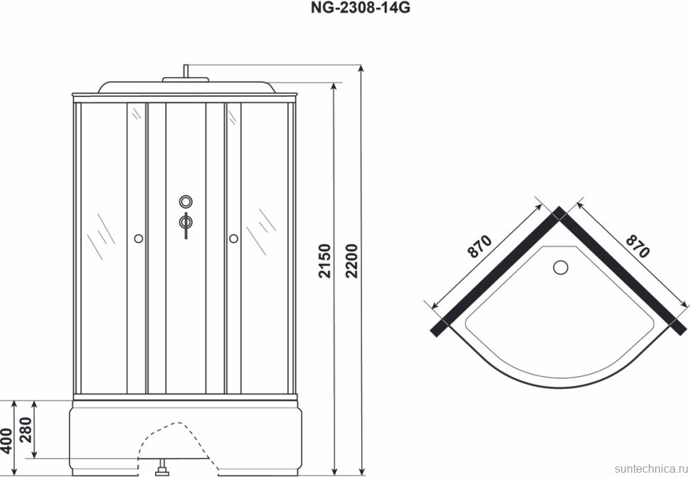 Душевая кабина Niagara NG-2308-14G х220 90х90 с высоким поддоном, с сиденьем