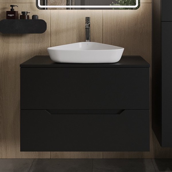 Тумба с раковиной Orange Line 80 подвесная, 2 ящика, матовая черная с раковиной B07-500W