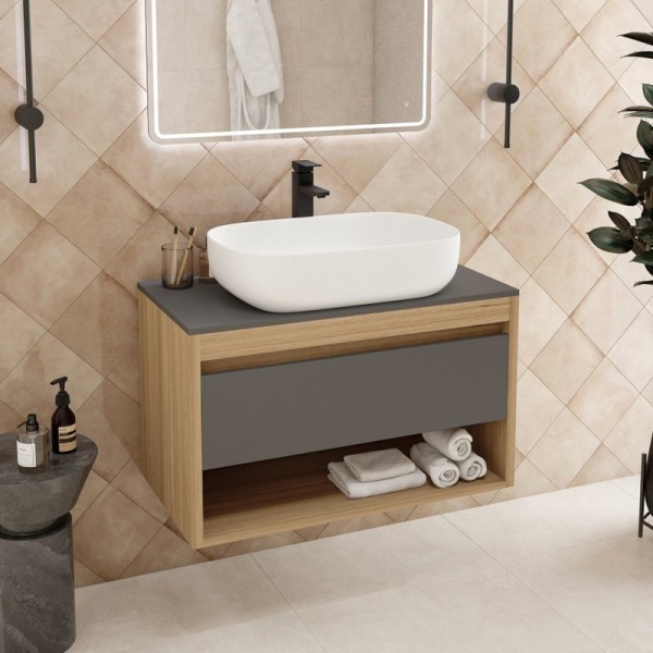 Тумба с раковиной Teymi Ritta 85 дуб эврика, матовый графит, раковина Solli 60