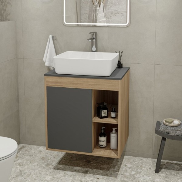 Тумба с раковиной Teymi Nura 60 дуб эврика, матовый графит, раковина Helmi 50