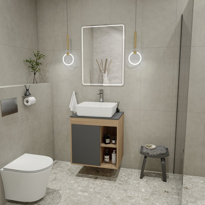 Тумба с раковиной Teymi Nura 60 дуб эврика, матовый графит, раковина Helmi 50