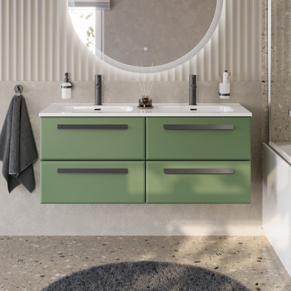 Тумба с раковиной Cezares Eco Cer-N 120 4 ящика, фисташковый софт, раковина Duet 120, двойная, ручки матовые черные