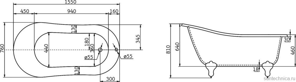 Акриловая ванна BelBagno BB06-1550 155x75 см, правая, отдельностоящая, белая, овальная