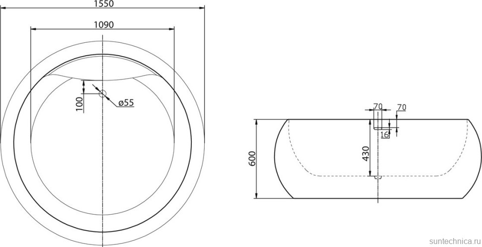 Акриловая ванна BelBagno BB30-1550 без опоры 155x155 см, отдельностоящая, белая, круглая, для двоих