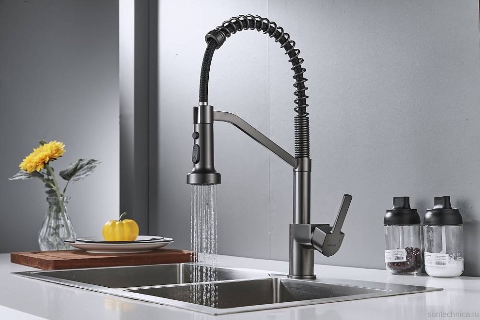 Смеситель для кухни Shevanik S963T с гибким изливом, оружейная сталь