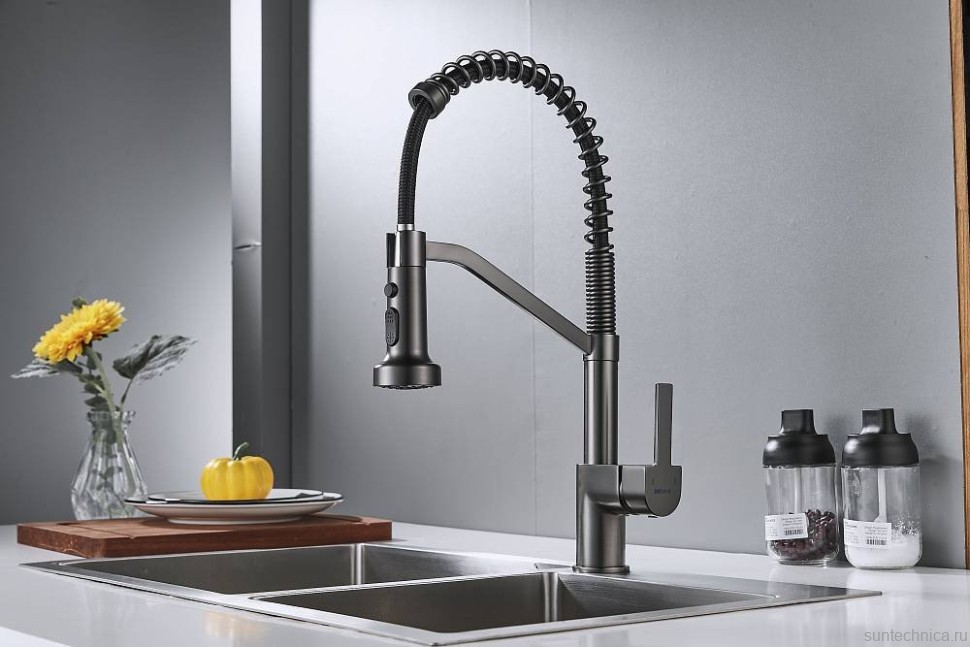 Смеситель для кухни Shevanik S963T с гибким изливом, оружейная сталь