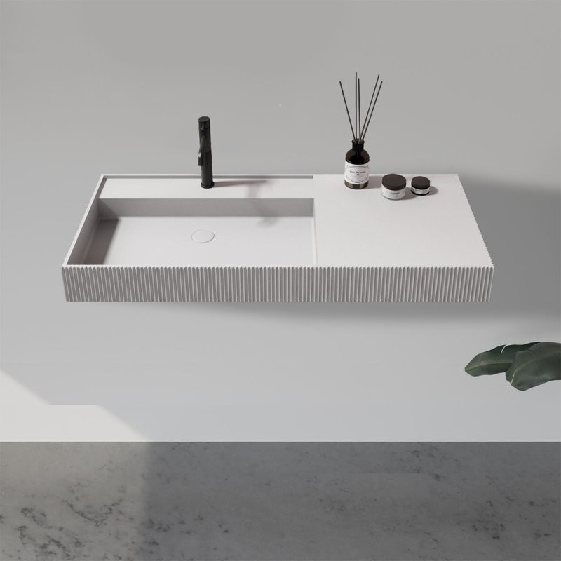 Раковина подвесная Abber Stein AS2628 120 матовая белая, прямоугольная, искусственный камень, со столешницей справа