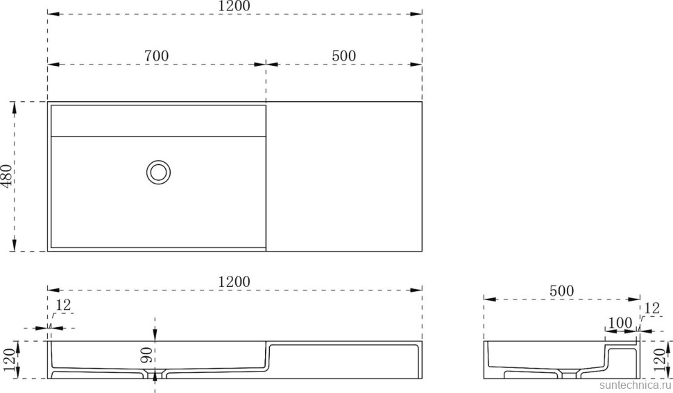 Раковина подвесная Abber Stein AS2628 120 матовая белая, прямоугольная, искусственный камень, со столешницей справа