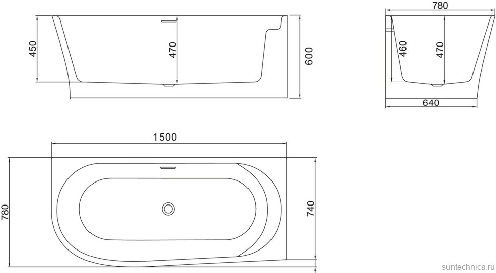 Акриловая ванна BelBagno BB410-1500-780-R без опоры 150x80 см, правая, пристенная, белая, со сливом-переливом