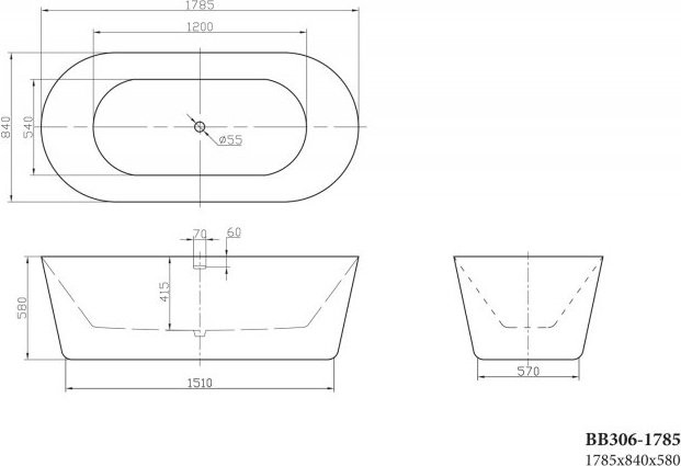 Акриловая ванна BelBagno BB306-1785 180x85 см, отдельностоящая, белая, овальная, с каркасом