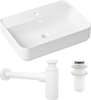 Комплект Накладная раковина Lavinia Boho Bathroom Sink Slim 33311008 + Донный клапан Wellsee Drainage System 182138000 матовый белый + Сифон 182108000 белый