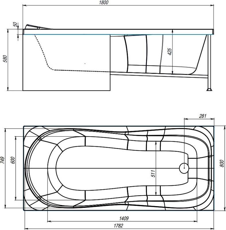 Акриловая ванна Alex Baitler Saima 180x80 см, встраиваемая, белая, с экраном