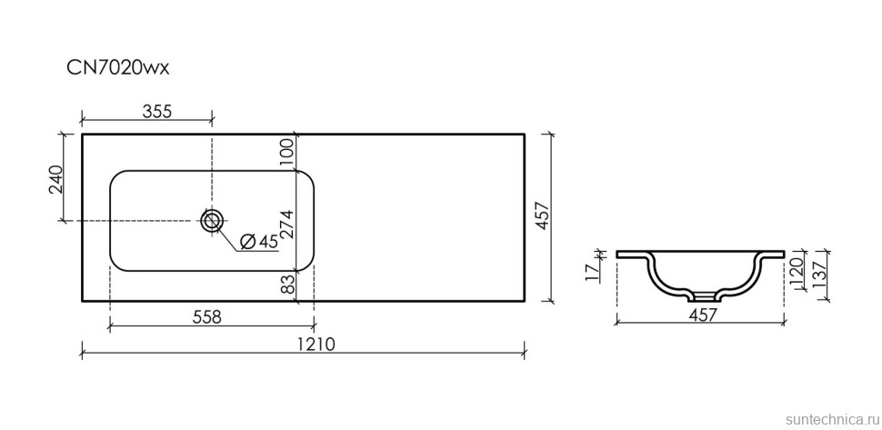 Раковина накладная Ceramicanova Grace, чаша слева, без отв под смеситель, 1210x457x137, белый, CN7020wx
