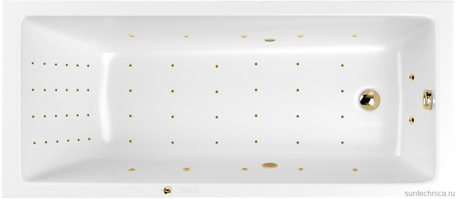 Акриловая ванна WHITECROSS Wave Nano 170x75 см, встраиваемая, с гидромассажем, белый глянец, с каркасом, со сливом-переливом, фурнитура золото