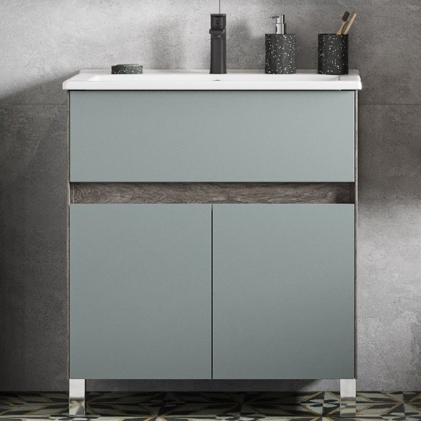 Тумба с раковиной AQUATON Форест 75 дуб рошелье, сумеречный голубой, раковина Элина 75