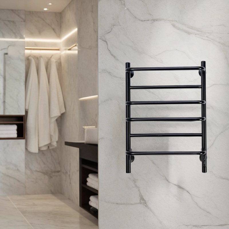 Полотенцесушитель электрический Comfysan Puro EC-6 60x55 см, скрытое подключение справа, слева, матовый черный, лесенка, из стали, с полкой