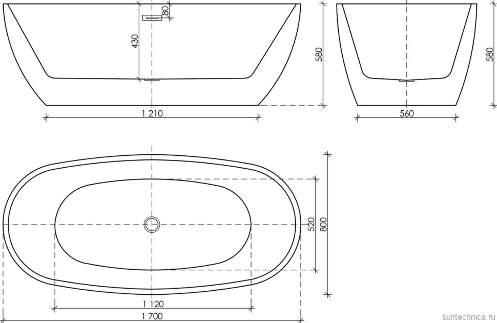 Акриловая ванна Sancos Flo FB02 170x80 см, отдельностоящая, белая, овальная, с каркасом, со сливом-переливом