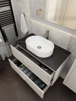 Тумба под раковину со столешницей La Fenice Cubo Twin 80 подвесная, cappuccino , бежевая матовая, столешница черный мрамор, ручка белая
