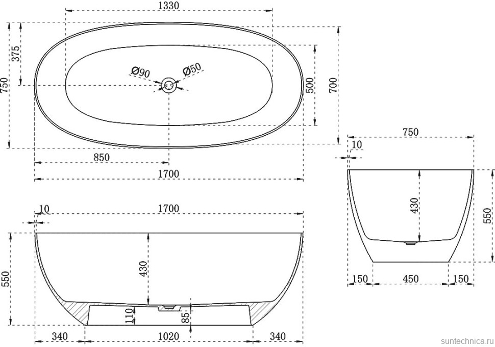 Акриловая ванна Vincea VBT-6T01B 170x75 см, отдельностоящая, черная, овальная, с донным клапаном