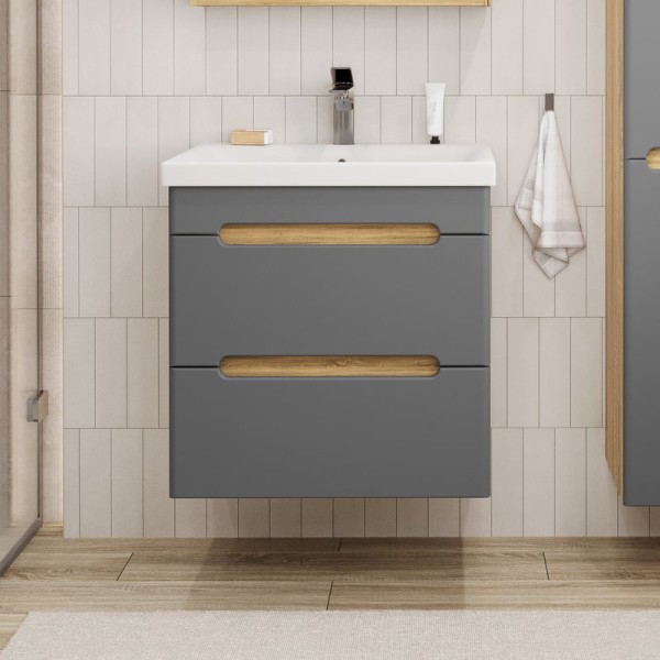 Тумба с раковиной SanStar Diva 50 подвесная, графит софт, дуб вотан, раковина Moduo 50