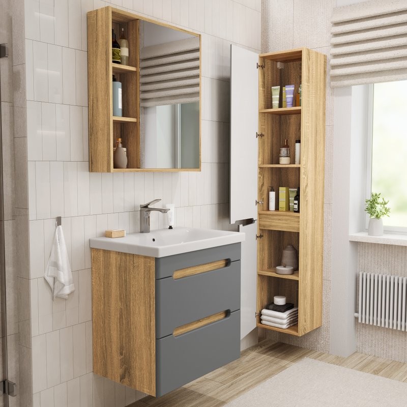 Тумба с раковиной SanStar Diva 50 подвесная, графит софт, дуб вотан, раковина Moduo 50