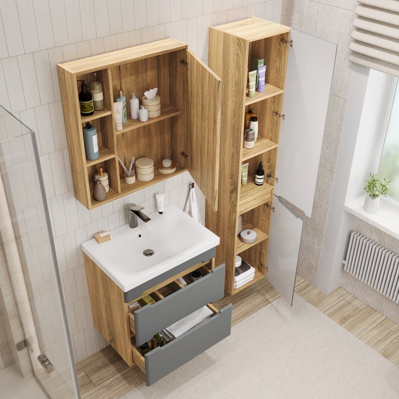 Тумба с раковиной SanStar Diva 50 подвесная, графит софт, дуб вотан, раковина Moduo 50