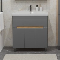 Тумба с раковиной SanStar Модена 80 напольная, графит софт, дуб вотан, раковина Moduo 80