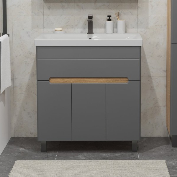 Тумба с раковиной SanStar Модена 80 напольная, графит софт, дуб вотан, раковина Moduo 80