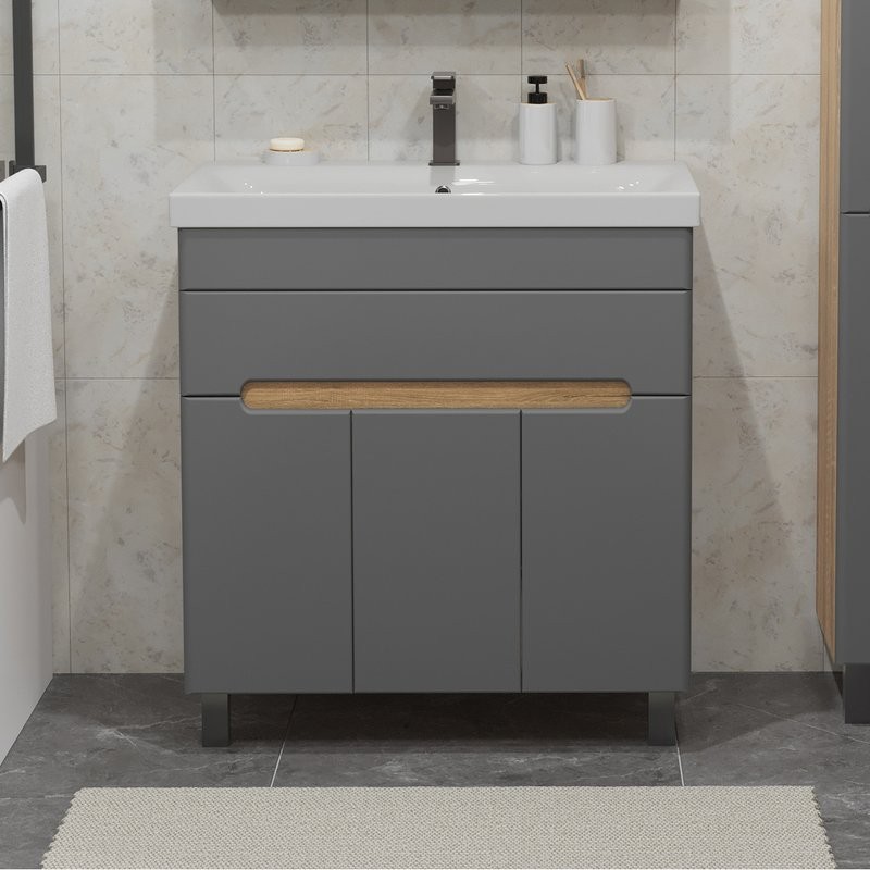 Тумба с раковиной SanStar Модена 80 напольная, графит софт, дуб вотан, раковина Moduo 80