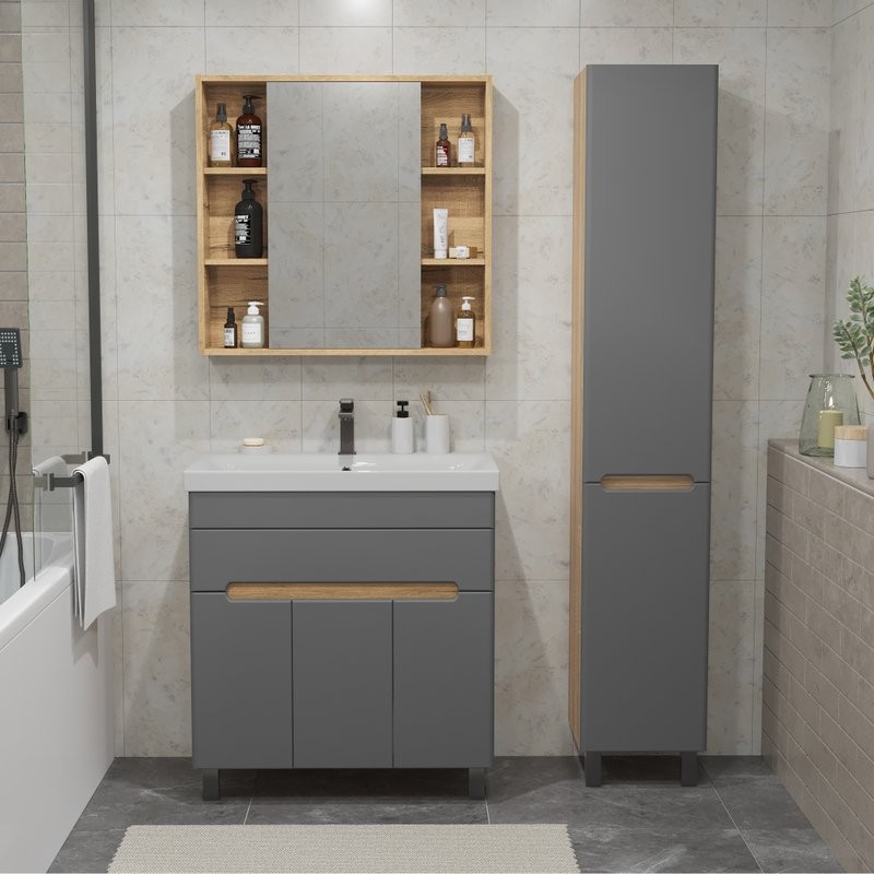Тумба с раковиной SanStar Модена 80 напольная, графит софт, дуб вотан, раковина Moduo 80