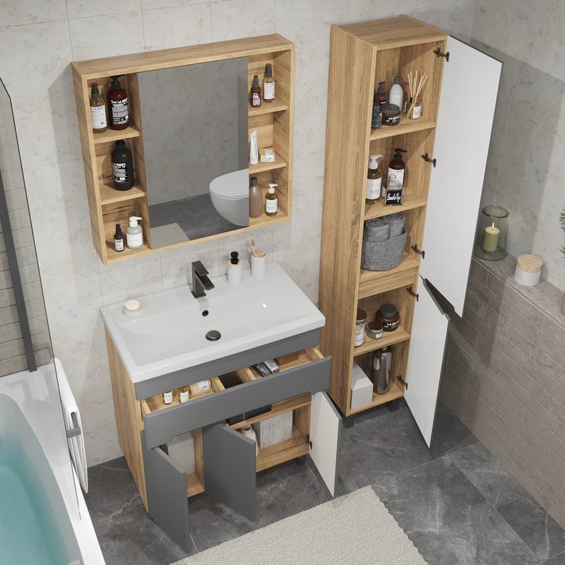 Тумба с раковиной SanStar Модена 80 напольная, графит софт, дуб вотан, раковина Moduo 80