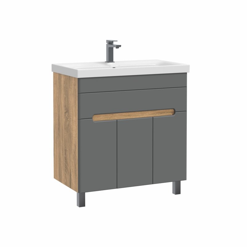 Тумба с раковиной SanStar Модена 80 напольная, графит софт, дуб вотан, раковина Moduo 80