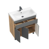Тумба с раковиной SanStar Модена 80 напольная, графит софт, дуб вотан, раковина Moduo 80