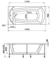 Акриловая ванна 1MarKa Elegance Стандарт 1 140x70 см, встраиваемая, белая, на ножках, со сливом-переливом