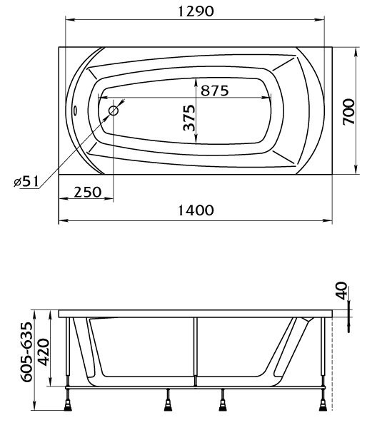 Акриловая ванна 1MarKa Elegance Стандарт 1 140x70 см, встраиваемая, белая, на ножках, со сливом-переливом