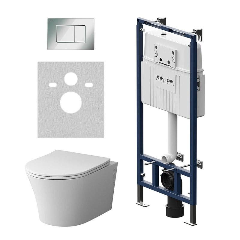 Комплект Унитаз подвесной Damixa Skyline DX35C1700SC безободковый, с микролифтом + Инсталляция AM.PM MasterFit I012710.0251 с кнопкой ProC S  хром глянец