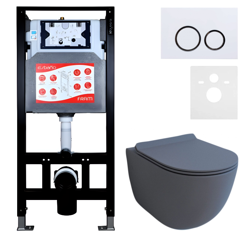 Комплект Унитаз подвесной Esbano Garcia ESUPGARCGM матовый серый + Инсталляция Fram + Кнопка ESINKRG11GW