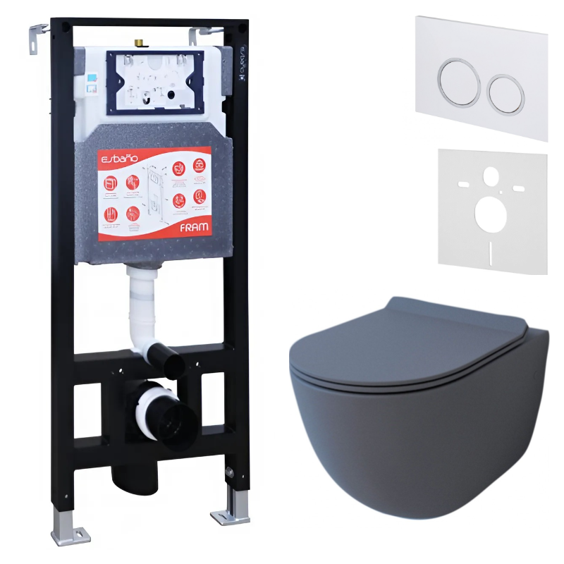 Комплект Унитаз подвесной Esbano Garcia ESUPGARCGM матовый серый + Инсталляция Fram + Кнопка ESINKRG11GW