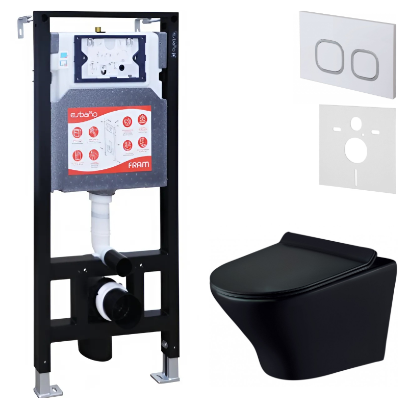 Комплект Унитаз подвесной Esbano Aster ESUPASTEBM матовый черный + Инсталляция Fram + Кнопка ESINLPS10GW
