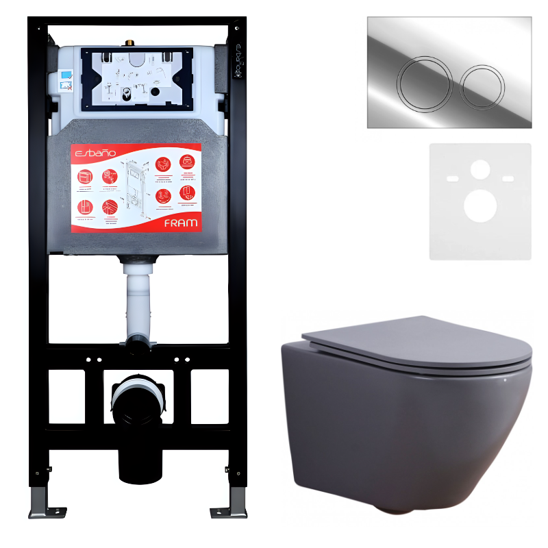 Комплект 3 в 1 Унитаз подвесной Esbano Azalea ESUPAZALGM + Инсталляция Fram + Кнопка ESINKRG11SC цвет глянцевый хром