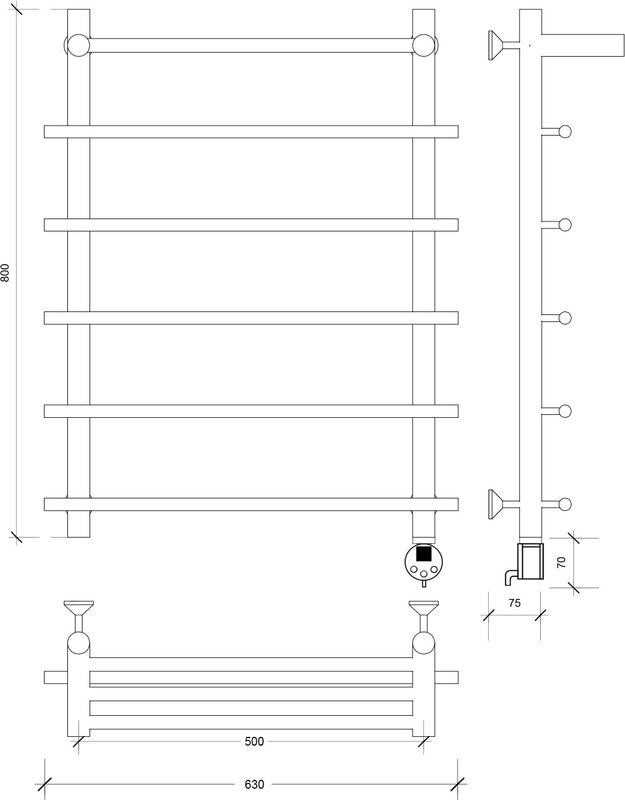 Полотенцесушитель электрический Secado Турин 1 СП 80x55 см, подключение справа, матовый черный, лесенка, с полкой