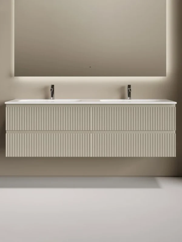 Тумба с раковиной Sancos Snob R 80 beige soft, 2 шт, раковина Ceramicanova Grace с двумя чашами и отверстиями под смеситель CN7023