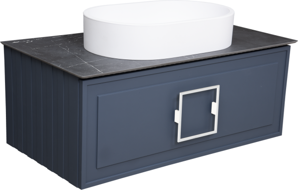 Тумба с раковиной La Fenice Cubo 90 подвесная, blu grigio, ручка белая, столешница черный мрамор, раковина белая матовая