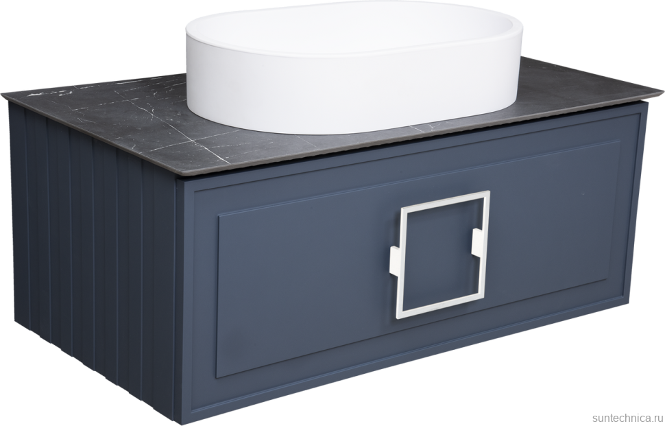 Тумба с раковиной La Fenice Cubo 90 подвесная, blu grigio, ручка белая, столешница черный мрамор, раковина белая матовая