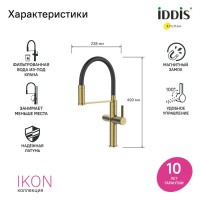 Смеситель для кухни IDDIS Ikon IKNMGFFi05 с гибким изливом, матовое золото