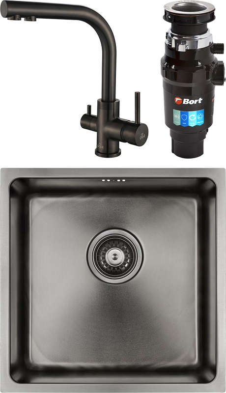 Комплект Мойка Paulmark Vista PM304444-GM вороненая сталь + Смеситель Essen 213011-GM вороненая сталь + Измельчитель Bort Master Eco