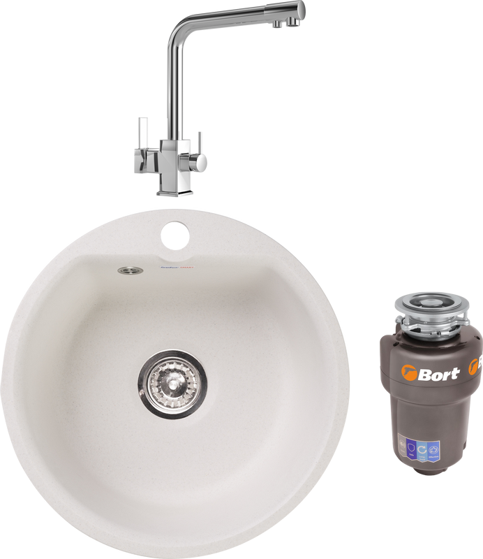 Комплект Мойка GranFest Smart SM 435 белый + Смеситель MEGA Life MG-TK06 хром + Измельчитель Bort Titan Max Power